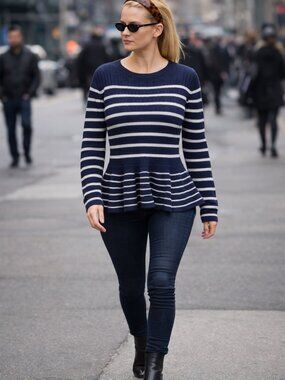 Banana Republic Petite M Navy White Striped Peplum Sweater Italian Yarn Wool